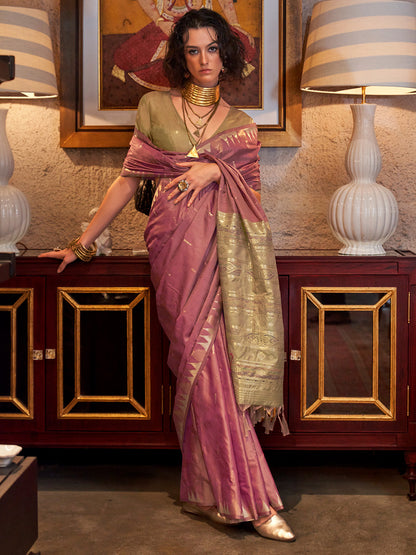 Women's Tussar Silk Light Green Woven Design Designer Saree With Blouse Piece