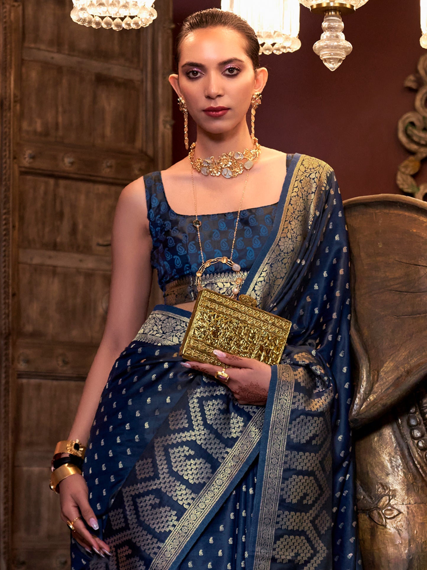 Women's Satin Silk Navy Blue Woven Design Designer Saree With Blouse Piece