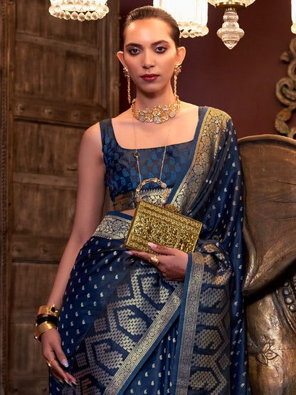 Women's Satin Silk Navy Blue Woven Design Designer Saree With Blouse Piece