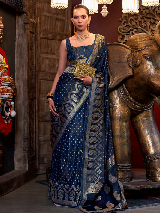 Women's Satin Silk Navy Blue Woven Design Designer Saree With Blouse Piece