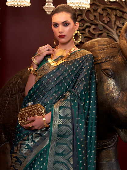 Women's Satin Silk Dark Green Woven Design Designer Saree With Blouse Piece