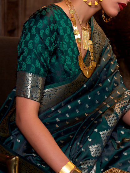Women's Satin Silk Dark Green Woven Design Designer Saree With Blouse Piece