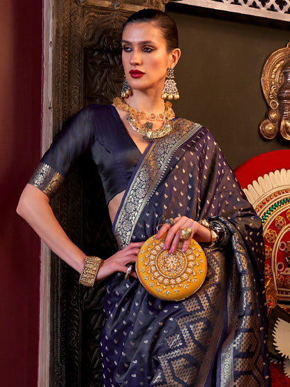 Women's Satin Silk Purple Woven Design Designer Saree With Blouse Piece