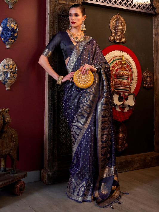 Women's Satin Silk Purple Woven Design Designer Saree With Blouse Piece