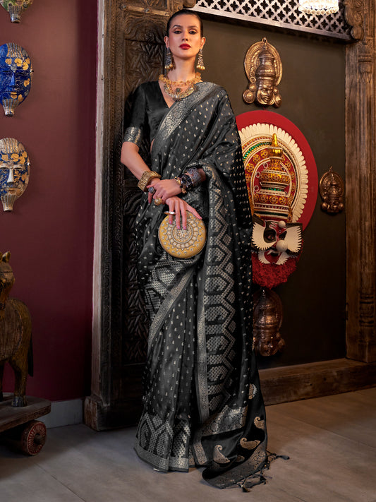 Women's Satin Silk Black Woven Design Designer Saree With Blouse Piece