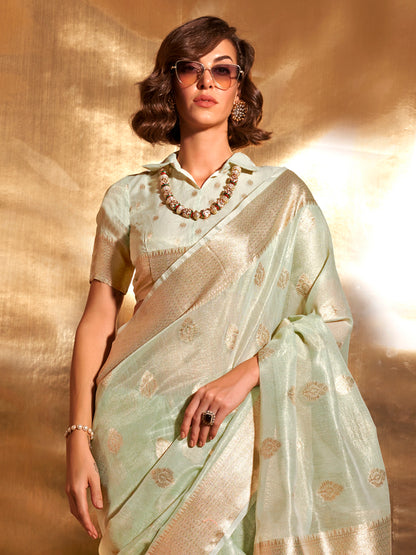 Women's Tissue Sea Green Woven Design Designer Saree With Blouse Piece