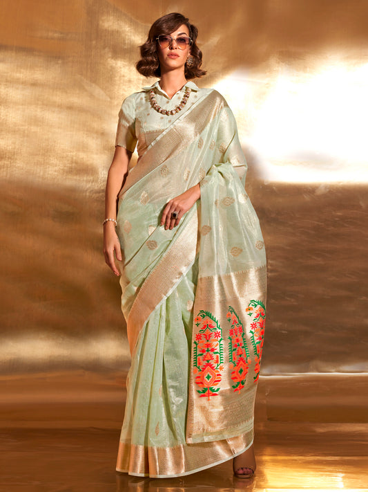 Women's Tissue Sea Green Woven Design Designer Saree With Blouse Piece