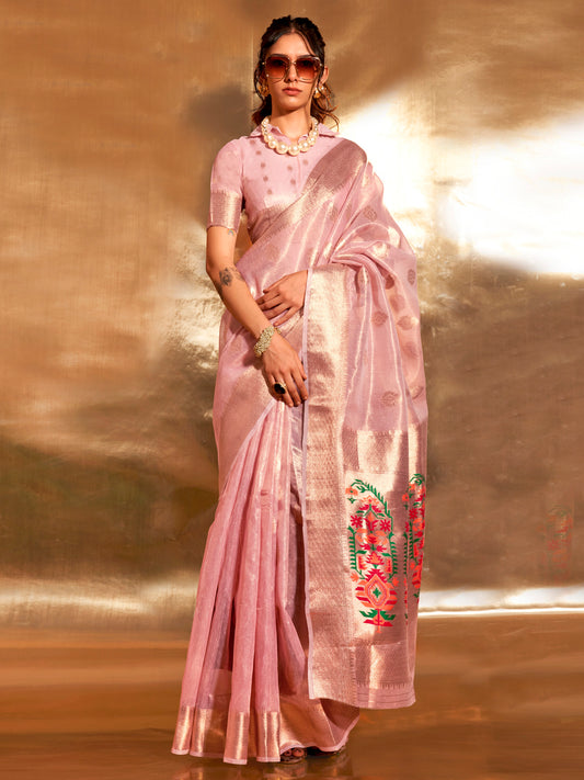 Women's Tissue Pink Woven Design Designer Saree With Blouse Piece