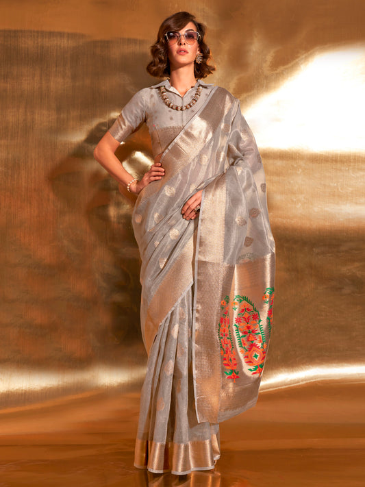 Women's Tissue Grey Woven Design Designer Saree With Blouse Piece