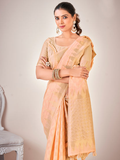 Women's Cotton Blend Peach Woven Design Designer Saree With Blouse Piece