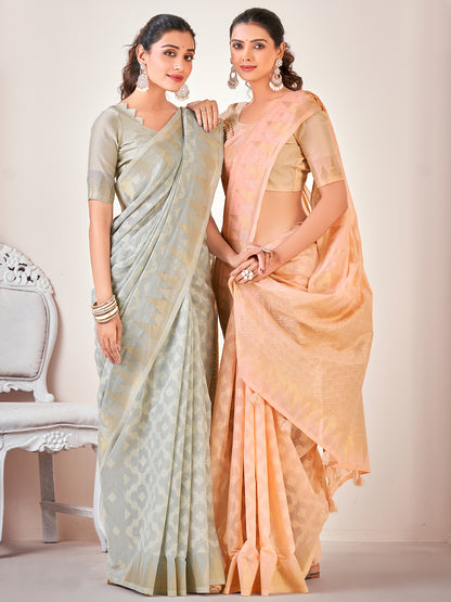 Women's Cotton Blend Peach Woven Design Designer Saree With Blouse Piece
