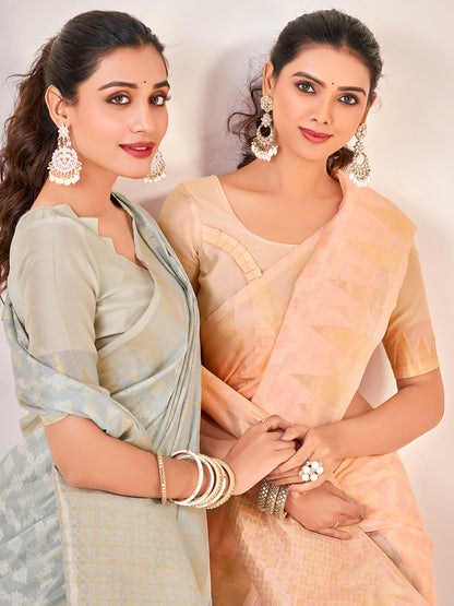 Women's Cotton Blend Peach Woven Design Designer Saree With Blouse Piece