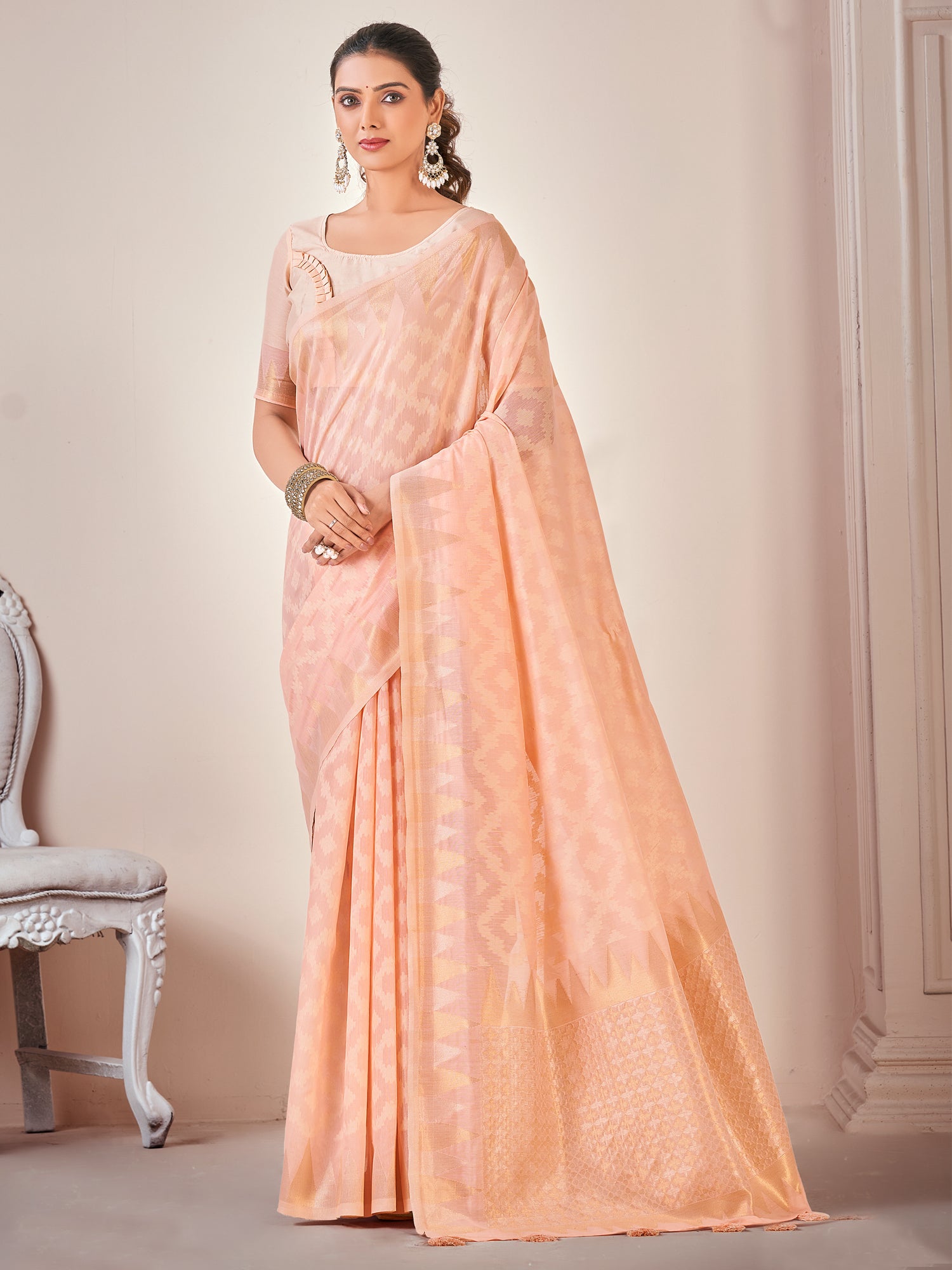 Women's Cotton Blend Peach Woven Design Designer Saree With Blouse Piece
