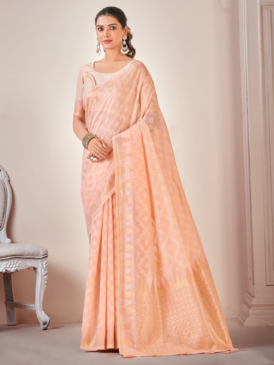 Women's Cotton Blend Peach Woven Design Designer Saree With Blouse Piece