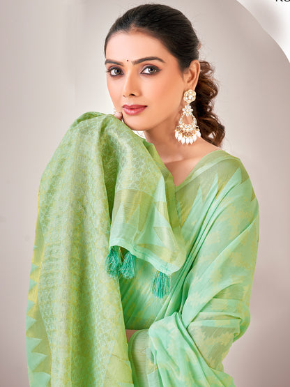 Women's Cotton Blend Sea Green Woven Design Designer Saree With Blouse Piece