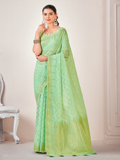 Women's Cotton Blend Sea Green Woven Design Designer Saree With Blouse Piece