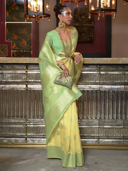 Women's Linen Yellow Woven Design Designer Saree With Blouse Piece