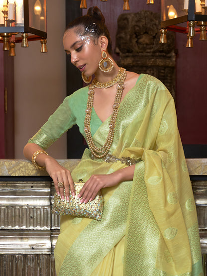Women's Linen Yellow Woven Design Designer Saree With Blouse Piece