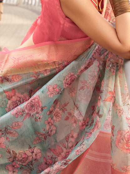 Women's Tissue Pink Woven Design Designer Saree With Blouse Piece