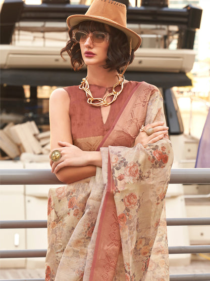 Women's Tissue Brown Woven Design Designer Saree With Blouse Piece