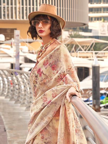Women's Tissue Brown Woven Design Designer Saree With Blouse Piece