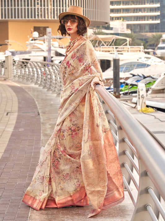 Women's Tissue Brown Woven Design Designer Saree With Blouse Piece