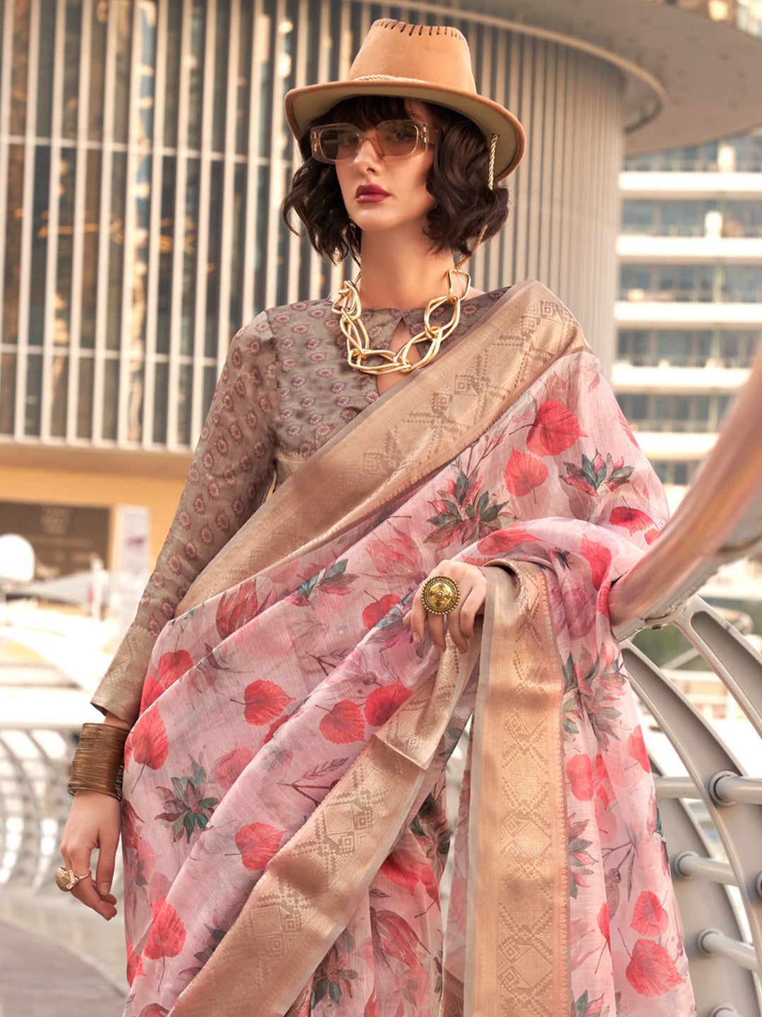 Women's Tissue Grey Woven Design Designer Saree With Blouse Piece