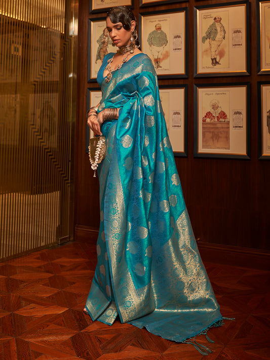 Women's Silk Blend Blue Woven Design Handloom Saree With Blouse Piece