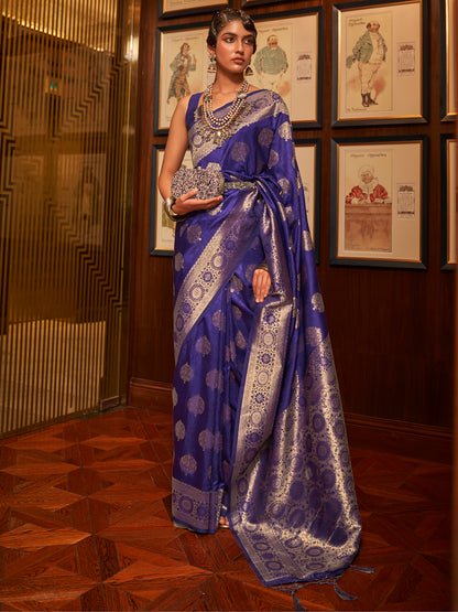 Women's Silk Blend Navy Blue Woven Design Handloom Saree With Blouse Piece