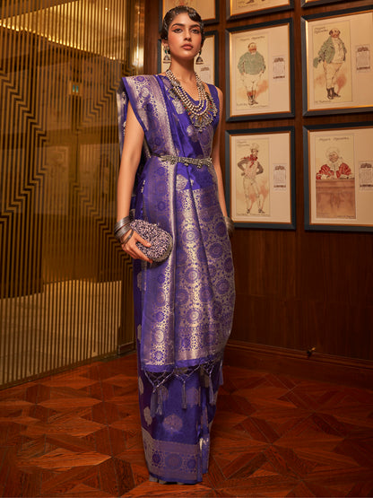 Women's Silk Blend Navy Blue Woven Design Handloom Saree With Blouse Piece