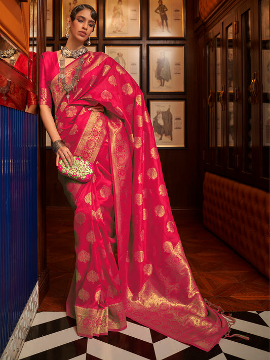 Women's Silk Blend Pink Woven Design Handloom Saree With Blouse Piece