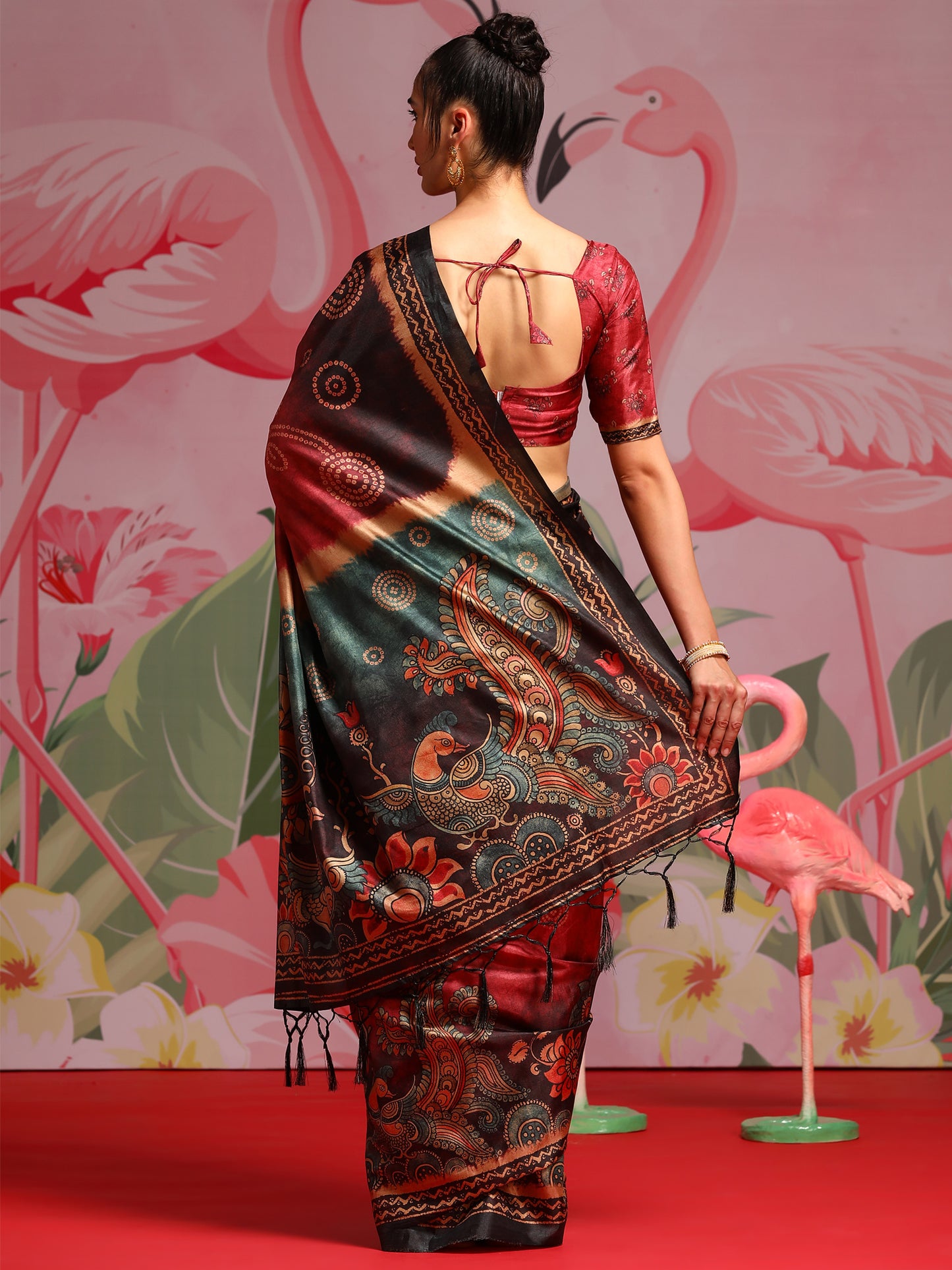 Women's Silk Blend Red Printed Designer Saree With Blouse Piece