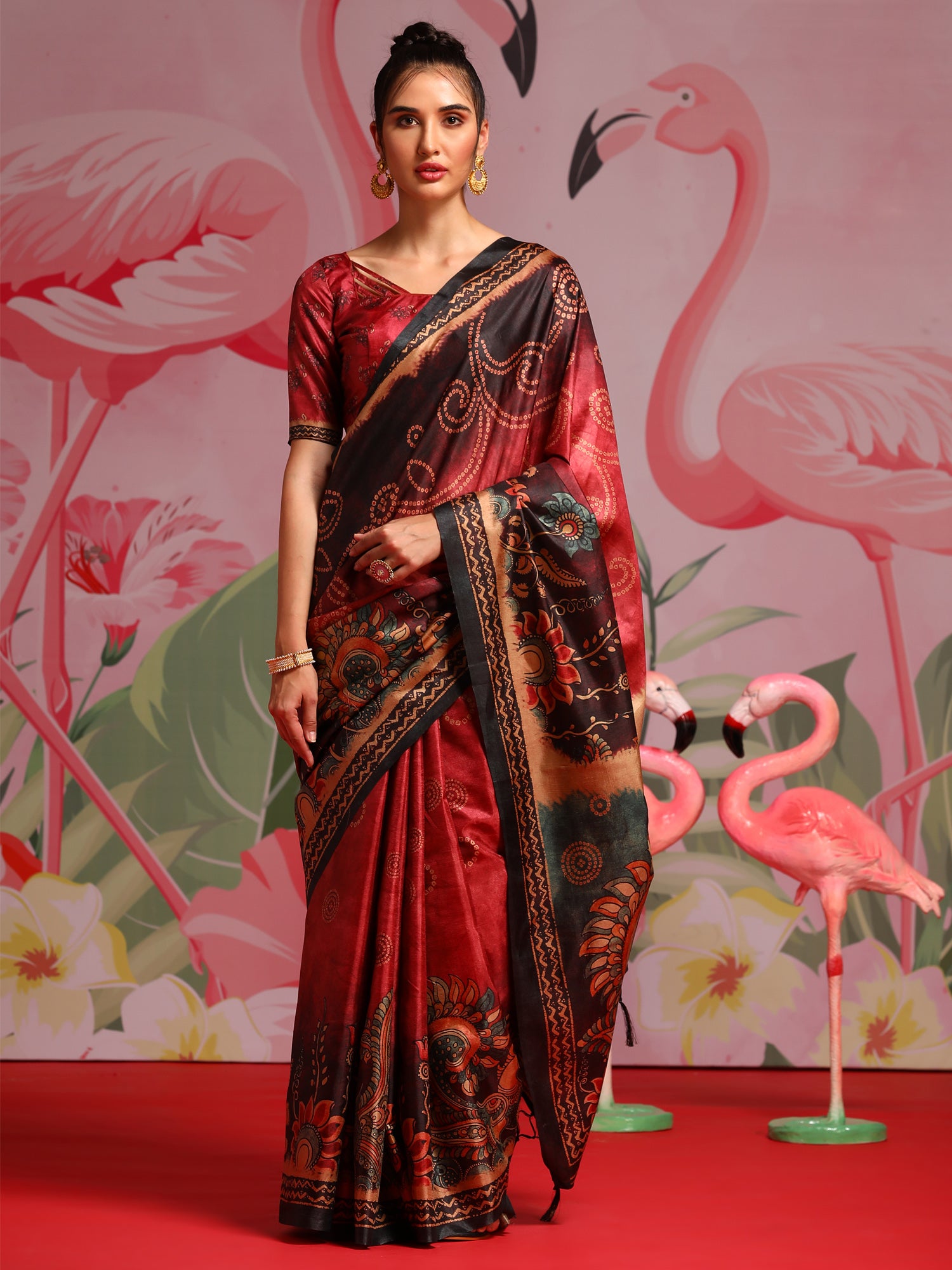 Women's Silk Blend Red Printed Designer Saree With Blouse Piece