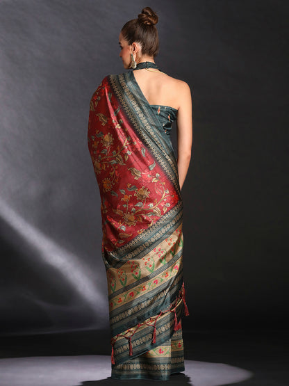 Women's Cotton Blend Maroon Printed Designer Saree With Blouse Piece