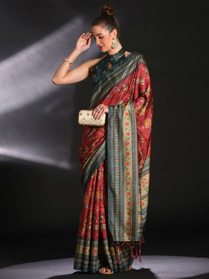 Women's Cotton Blend Maroon Printed Designer Saree With Blouse Piece