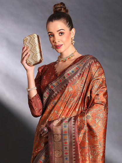 Women's Cotton Blend Rust Printed Designer Saree With Blouse Piece