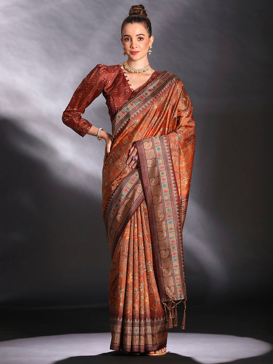 Women's Cotton Blend Rust Printed Designer Saree With Blouse Piece
