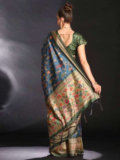 Women's Cotton Blend Teal blue Printed Designer Saree With Blouse Piece