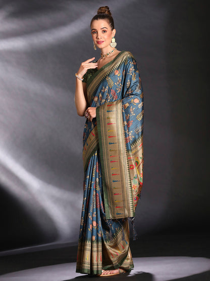 Women's Cotton Blend Teal blue Printed Designer Saree With Blouse Piece