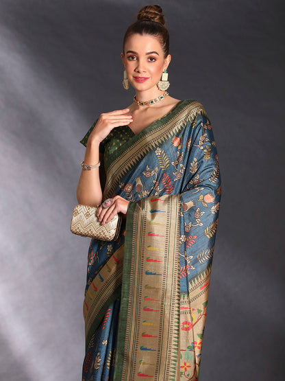 Women's Cotton Blend Teal blue Printed Designer Saree With Blouse Piece