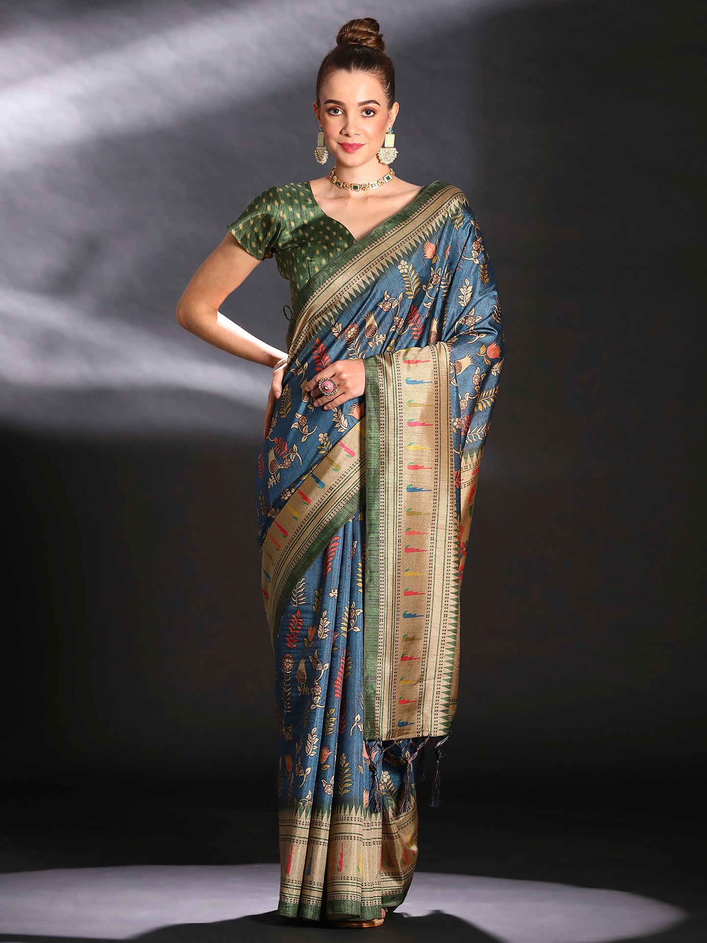 Women's Cotton Blend Teal blue Printed Designer Saree With Blouse Piece