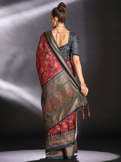 Women's Cotton Blend Maroon Printed Designer Saree With Blouse Piece