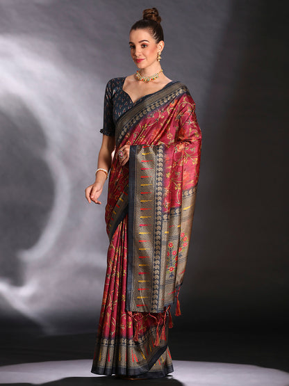 Women's Cotton Blend Maroon Printed Designer Saree With Blouse Piece