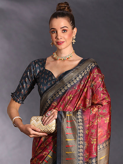 Women's Cotton Blend Maroon Printed Designer Saree With Blouse Piece