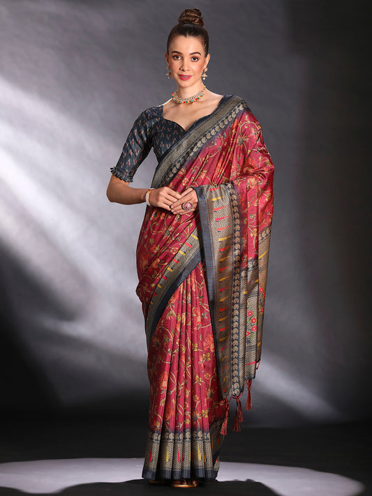 Women's Cotton Blend Maroon Printed Designer Saree With Blouse Piece
