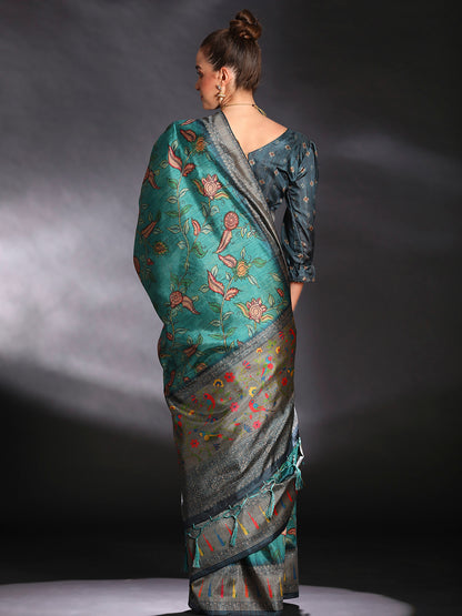 Women's Cotton Blend Blue Printed Designer Saree With Blouse Piece