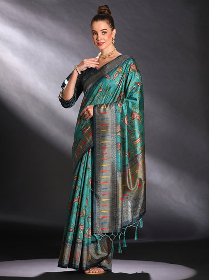 Women's Cotton Blend Blue Printed Designer Saree With Blouse Piece