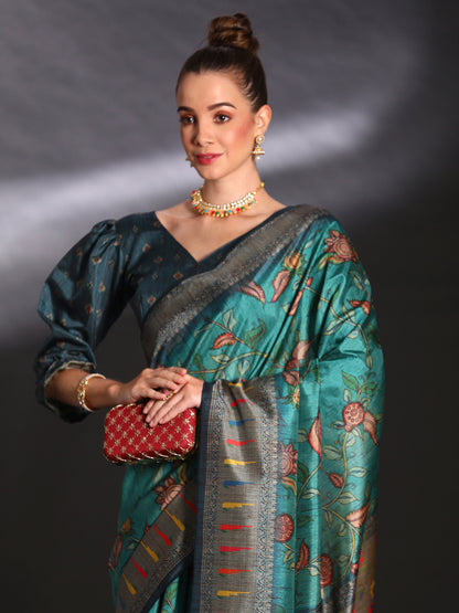 Women's Cotton Blend Blue Printed Designer Saree With Blouse Piece