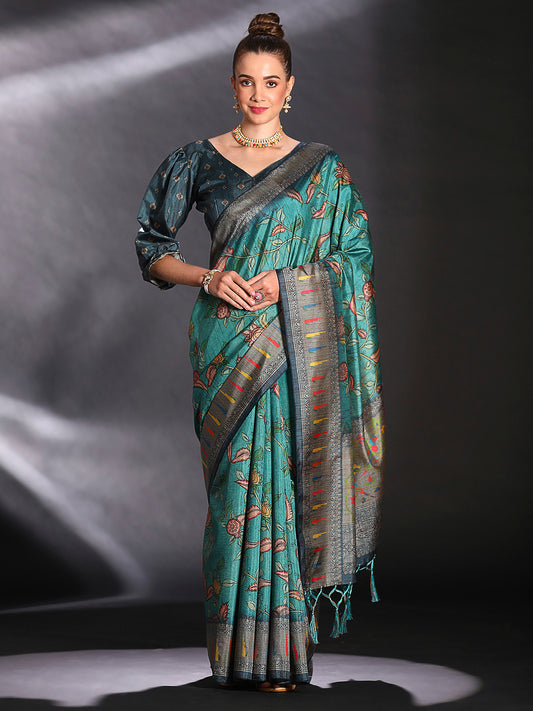 Women's Cotton Blend Blue Printed Designer Saree With Blouse Piece