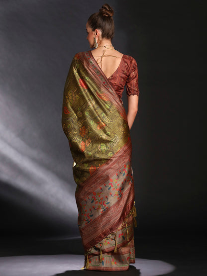 Women's Cotton Blend Olive Printed Designer Saree With Blouse Piece